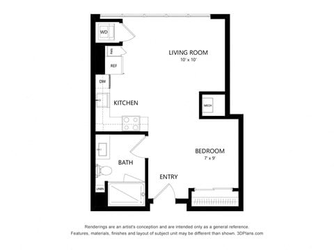 Floor plan for studio, 1 bath, 524 sqft